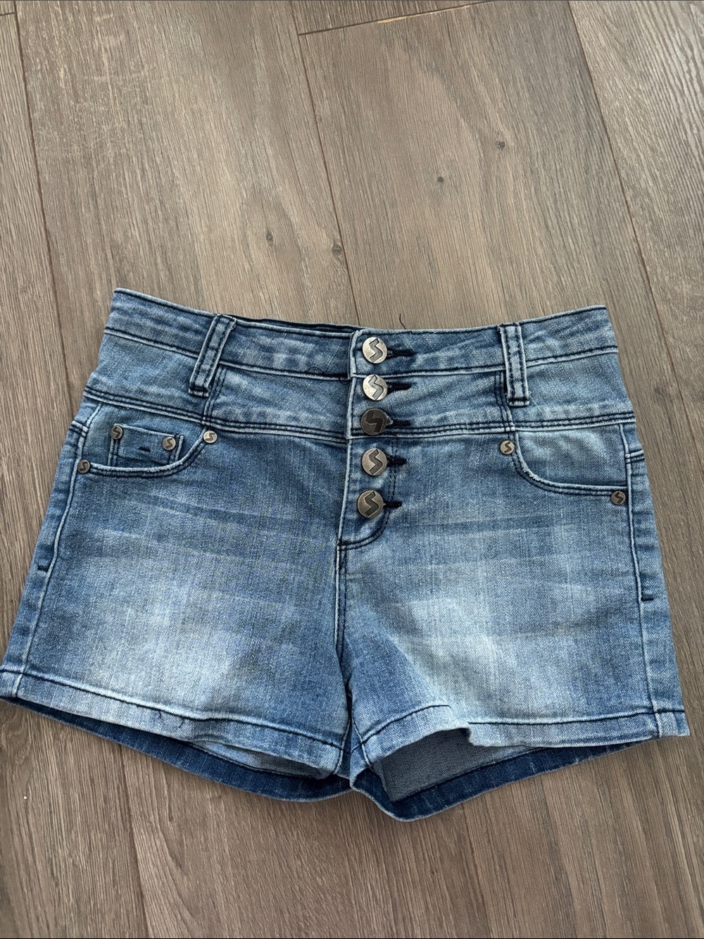 Girls' High-Rise Button-Front Denim Shorts in Faded Blue